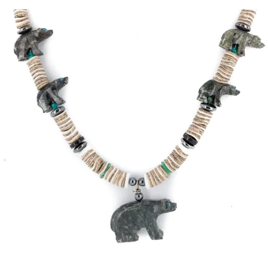Bear Certified Authentic Navajo .925 Sterling Silver Natural Graduated Melon Shell Turquoise Jasper Native American Necklace 16049-3
