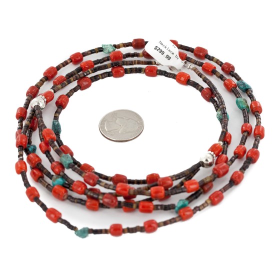 Certified Authentic 3 Strand Navajo .925 Sterling Silver Natural Turquoise Coral Native American Necklace 18110 Certified Authentic 3 Strand Navajo .925 Sterling Silver Natural Turquoise Coral Native American Necklace 18110