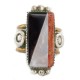 .925 Sterling Silver Handmade Certified Authentic Navajo Inlay Natural Black Onyx Jasper Mother of Pearl Native American Ring  17007-1
