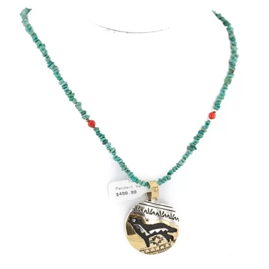 12kt Gold Filled and .925 Sterling Silver Handmade Wolf Certified Authentic Navajo Turquoise Coral Native American Necklace 24420-5-15336 12kt Gold Filled and .925 Sterling Silver Handmade Wolf Certified Authentic Navajo Turquoise Coral Native American Necklace 24420-5-15336