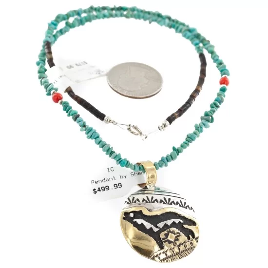 12kt Gold Filled and .925 Sterling Silver Handmade Wolf Certified Authentic Navajo Turquoise Coral Native American Necklace 24420-5-15336 12kt Gold Filled and .925 Sterling Silver Handmade Wolf Certified Authentic Navajo Turquoise Coral Native American Necklace 24420-5-15336