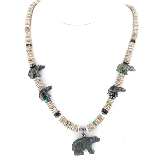Bear Certified Authentic Navajo .925 Sterling Silver Natural Graduated Melon Shell Turquoise Jasper Native American Necklace 16049-3