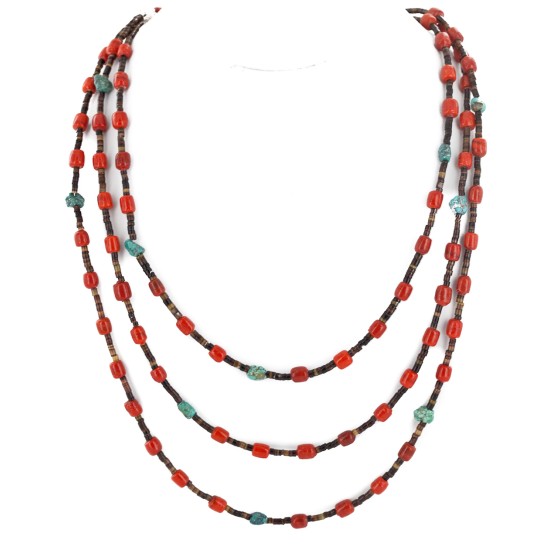 Certified Authentic 3 Strand Navajo .925 Sterling Silver Natural Turquoise Coral Native American Necklace 18110 Certified Authentic 3 Strand Navajo .925 Sterling Silver Natural Turquoise Coral Native American Necklace 18110