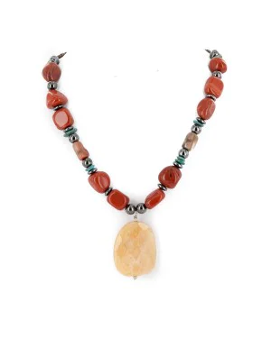 Certified Authentic Navajo .925 Sterling Silver Natural Turquoise Agate Red Jasper Hematite Native American Necklace  18072-101