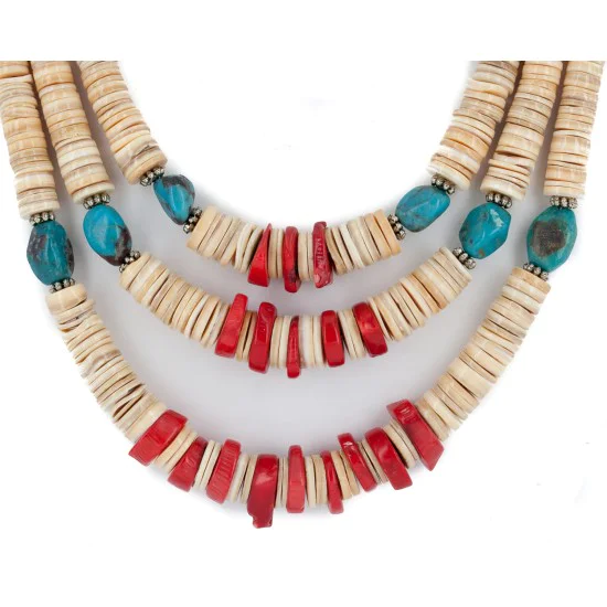 3 Strand Certified Authentic Navajo .925 Sterling Silver Natural Turquoise Coral Graduated Melon Shell Native American Necklace 15846 3 Strand Certified Authentic Navajo .925 Sterling Silver Natural Turquoise Coral Graduated Melon Shell Native American Necklace 15846