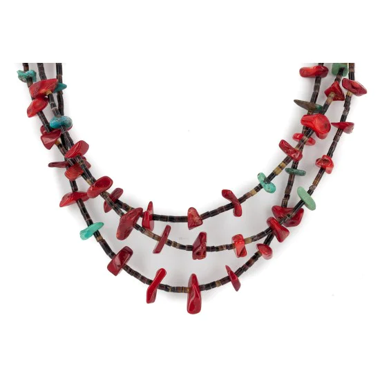 Certified Authentic 3 Strand Navajo .925 Sterling Silver Natural Turquoise Coral Native American Necklace 18117