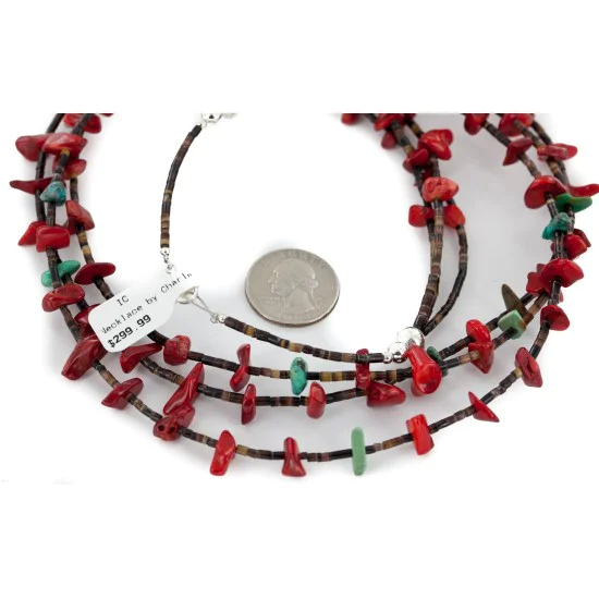 Certified Authentic 3 Strand Navajo .925 Sterling Silver Natural Turquoise Coral Native American Necklace 18117
