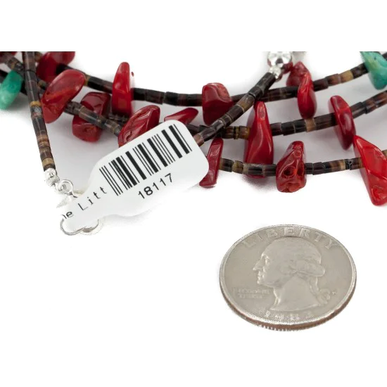 Certified Authentic 2 Strand Navajo .925 Sterling Silver Natural Turquoise Coral Native American Necklace 16054-3 Certified Authentic 2 Strand Navajo .925 Sterling Silver Natural Turquoise Coral Native American Necklace 16054-3