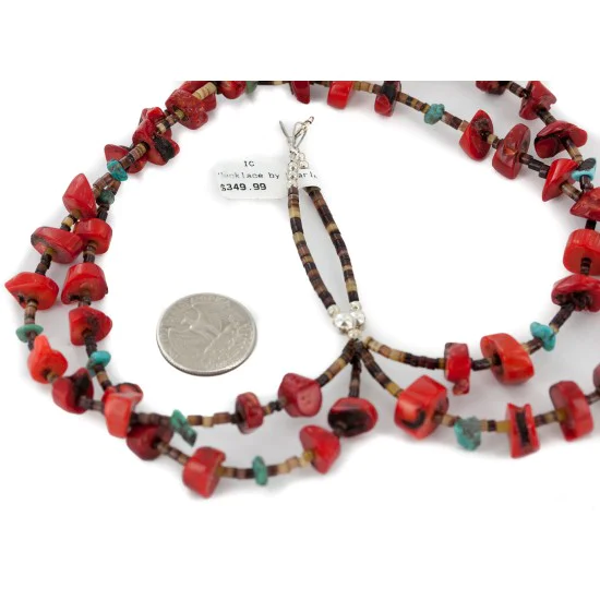 Certified Authentic 2 Strand Navajo .925 Sterling Silver Natural Turquoise Coral Native American Necklace 16054-3 Certified Authentic 2 Strand Navajo .925 Sterling Silver Natural Turquoise Coral Native American Necklace 16054-3