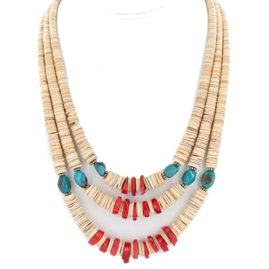 3 Strand Certified Authentic Navajo .925 Sterling Silver Natural Turquoise Coral Graduated Melon Shell Native American Necklace 15846 3 Strand Certified Authentic Navajo .925 Sterling Silver Natural Turquoise Coral Graduated Melon Shell Native American Necklace 15846
