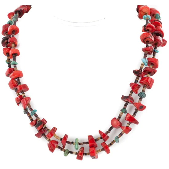 Certified Authentic 2 Strand Navajo .925 Sterling Silver Natural Turquoise Coral Native American Necklace 16054-3 Certified Authentic 2 Strand Navajo .925 Sterling Silver Natural Turquoise Coral Native American Necklace 16054-3