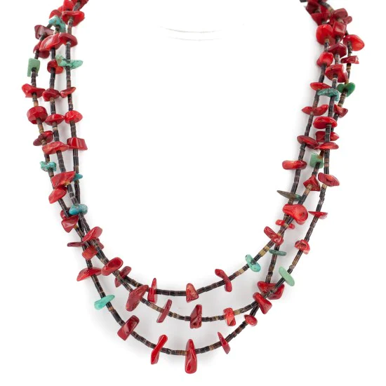 Certified Authentic 3 Strand Navajo .925 Sterling Silver Natural Turquoise Coral Native American Necklace 18117