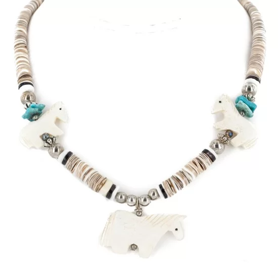 Certified Authentic Horse Navajo .925 Sterling Silver Natural Turquoise Alabaster Graduated Melon Shell Native American Necklace 750133