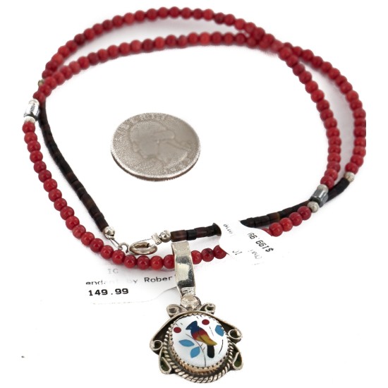 .925 Sterling Silver Inlay Bird Handmade Certified Authentic Navajo Natural Turquoise Coral Multicolor Stones Native American Necklace 12674-15930-15 .925 Sterling Silver Inlay Bird Handmade Certified Authentic Navajo Natural Turquoise Coral Multicolor Stones Native American Necklace 12674-15930-15