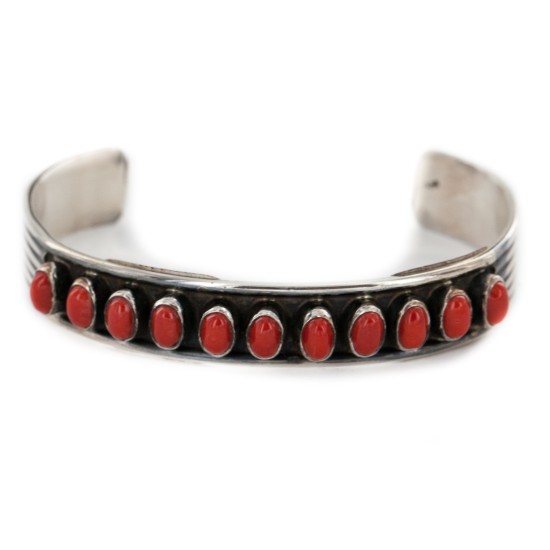Handmade Certified Authentic Navajo .925 Sterling Silver Natural Coral Native American Bracelet 12426 All Products NB151106023819 12426 (by LomaSiiva)
