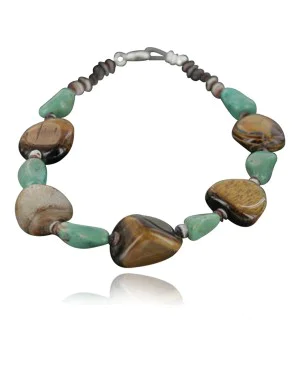 $100 Certified Authentic Navajo .925 Sterling Silver Natural Turquoise Tigers Eye Native American Bracelet 390723333423