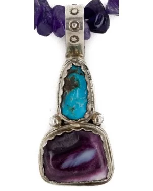 .925 Sterling Silver Handmade Certified Authentic Navajo Natural Turquoise Spiny Oyster Amethyst Native American Necklace 15909-15909-1