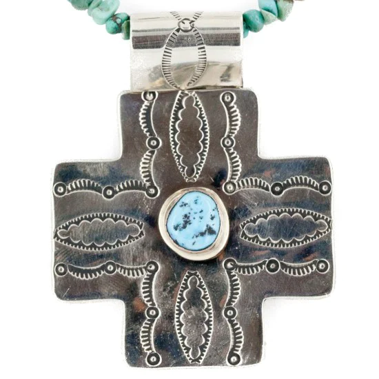 Cross .925 Sterling Silver Nickel Handmade Certified Authentic Navajo Natural Turquoise Tigers Eye Native American Necklace 14981-16029-7