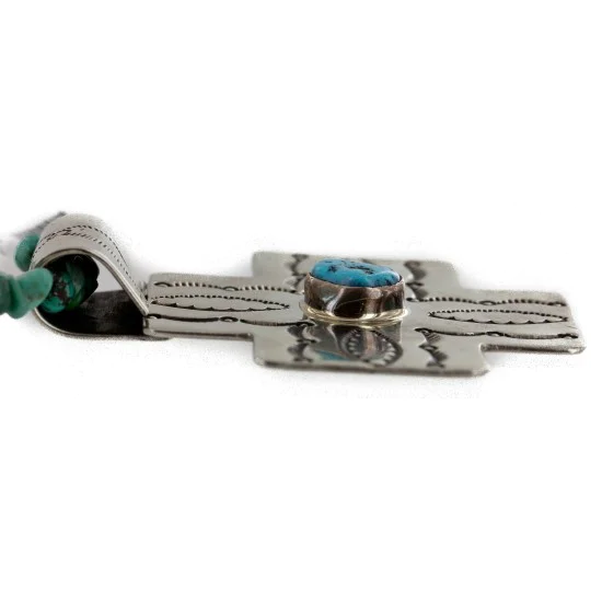 Cross .925 Sterling Silver Nickel Handmade Certified Authentic Navajo Natural Turquoise Tigers Eye Native American Necklace 14981-16029-7