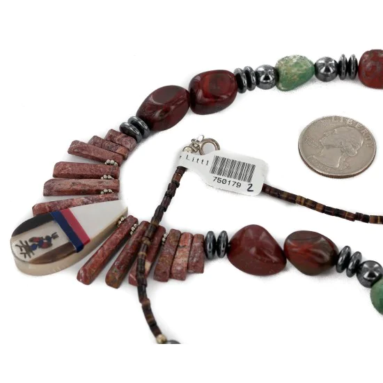Inlay Certified Authentic Navajo .925 Sterling Silver Natural Turquoise Red Jasper Hematite Coral Mother of Pearl and Black Onyx Native American Necklace 750179-2 Inlay Certified Authentic Navajo .925 Sterling Silver Natural Turquoise Red Jasper Hematite Coral Mother of Pearl and Black Onyx Native American Necklace 750179-2