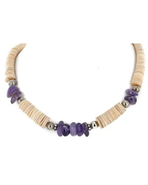 Navajo Certified Authentic .925 Sterling Silver Natural Graduated Melon Shell Amethyst Native American Necklace 25275 Navajo Certified Authentic .925 Sterling Silver Natural Graduated Melon Shell Amethyst Native American Necklace 25275