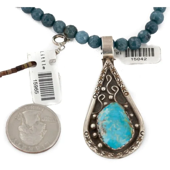 .925 Sterling Silver Handmade Certified Authentic Navajo Natural Turquoise Blue Quartz Native American Necklace 15042-15965 .925 Sterling Silver Handmade Certified Authentic Navajo Natural Turquoise Blue Quartz Native American Necklace 15042-15965