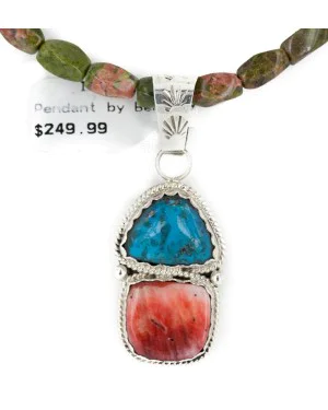 .925 Sterling Silver Handmade Certified Authentic Navajo Natural Turquoise Spiny Oyster Jasper Native American Necklace 24415-2-16047-8