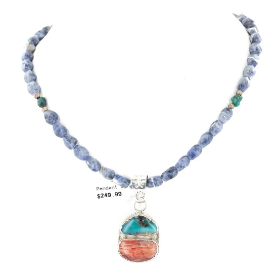 .925 Sterling Silver Handmade Certified Authentic Navajo Natural Turquoise Spiny Oyster Lapis Native American Necklace 24411-2-16047-2
