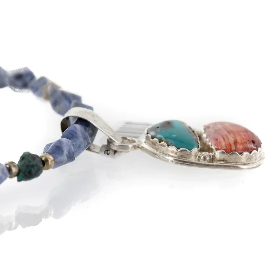 .925 Sterling Silver Handmade Certified Authentic Navajo Natural Turquoise Spiny Oyster Lapis Native American Necklace 24411-2-16047-2