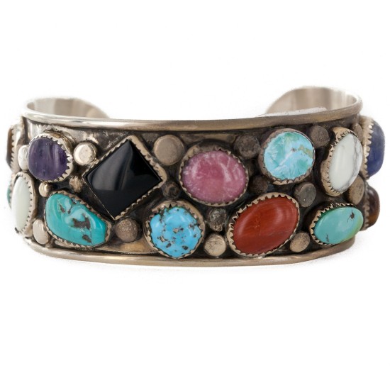 Handmade Certified Authentic Navajo .925 Sterling Silver Natural Turquoise and Multicolor Stones Native American Bracelet 12785 Handmade Certified Authentic Navajo .925 Sterling Silver Natural Turquoise and Multicolor Stones Native American Bracelet 12785