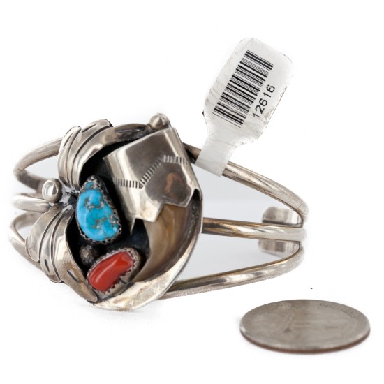 Handmade Certified Authentic Signed Navajo .925 Sterling Silver Natural Turquoise and Coral Native American Bracelet 12616 Handmade Certified Authentic Signed Navajo .925 Sterling Silver Natural Turquoise and Coral Native American Bracelet 12616