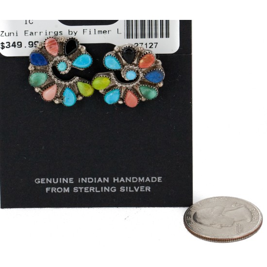 Handmade Certified Authentic Petit Point Zuni .925 Sterling Silver Natural Turquoise and Multicolor Stud Native American Earrings 27127-00 Handmade Certified Authentic Petit Point Zuni .925 Sterling Silver Natural Turquoise and Multicolor Stud Native American Earrings 27127-00