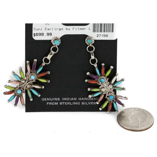 Handmade Certified Authentic Zuni .925 Sterling Silver Natural Multicolor Dangle Native American Earrings 27159 Handmade Certified Authentic Zuni .925 Sterling Silver Natural Multicolor Dangle Native American Earrings 27159