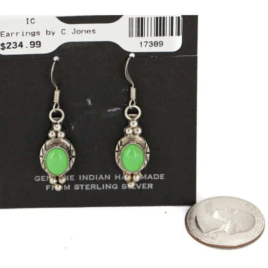 Certified Authentic Handmade Navajo Signed C. Jones .925 Sterling Silver Dangle Native American Earrings Natural Gaspeite 17389 Certified Authentic Handmade Navajo Signed C. Jones .925 Sterling Silver Dangle Native American Earrings Natural Gaspeite 17389