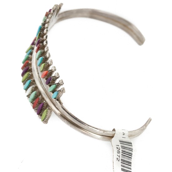 Handmade Certified Authentic Zuni .925 Sterling Silver Petit Point Natural Multicolor Native American Bracelet 12672