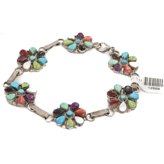Handmade Certified Authentic Zuni .925 Sterling Silver Petit Point Natural Multicolor Native American Bracelet 12668 Handmade Certified Authentic Zuni .925 Sterling Silver Petit Point Natural Multicolor Native American Bracelet 12668