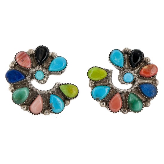 Handmade Certified Authentic Petit Point Zuni .925 Sterling Silver Natural Turquoise and Multicolor Stud Native American Earrings 27127-00 Handmade Certified Authentic Petit Point Zuni .925 Sterling Silver Natural Turquoise and Multicolor Stud Native American Earrings 27127-00