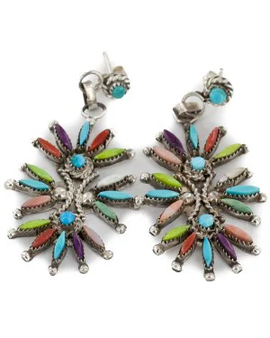 Handmade Certified Authentic Zuni .925 Sterling Silver Natural Multicolor Dangle Native American Earrings 27159