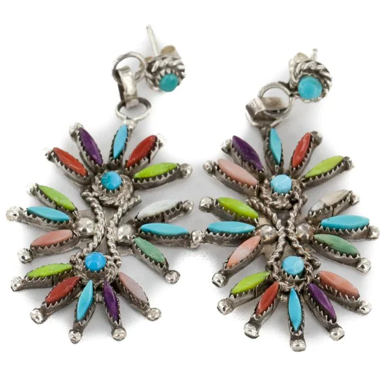 Handmade Certified Authentic Zuni .925 Sterling Silver Natural Multicolor Dangle Native American Earrings 27159 Handmade Certified Authentic Zuni .925 Sterling Silver Natural Multicolor Dangle Native American Earrings 27159