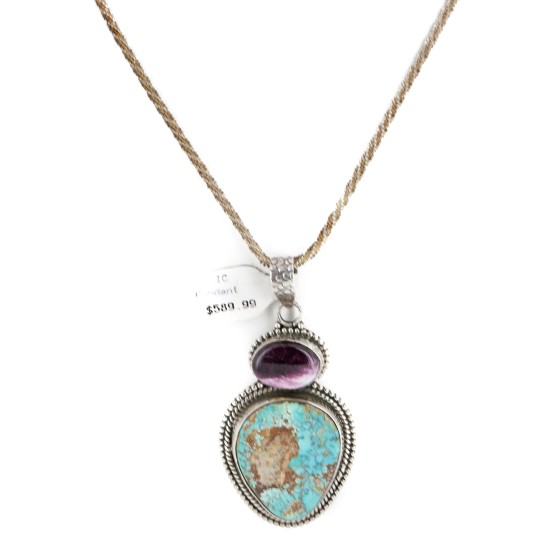 .925 Sterling Silver Handmade Certified Authentic Natural Turquoise and Purple Spiny Oyster Native American Necklace 10053-0 .925 Sterling Silver Handmade Certified Authentic Natural Turquoise and Purple Spiny Oyster Native American Necklace 10053-0