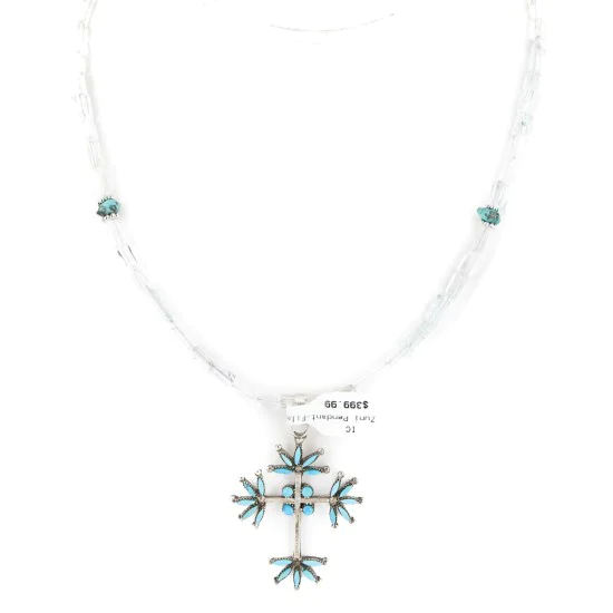 Handmade Cross Certified Authentic Zuni .925 Sterling Silver Petit Point Turquoise Quartz Native American Necklace  24367-16076-101