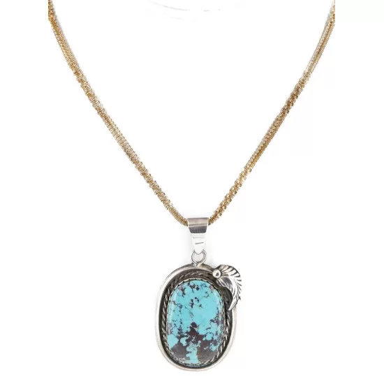 Feather Certified Authentic .925 Sterling Silver Handmade Navajo Natural Turquoise Native American Necklace 14996