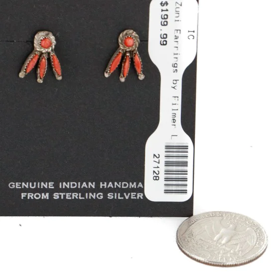 Handmade Certified Authentic Zuni .925 Sterling Silver Coral Stud Native American Earrings 27128 Handmade Certified Authentic Zuni .925 Sterling Silver Coral Stud Native American Earrings 27128