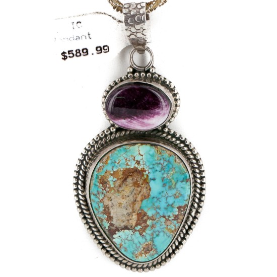 .925 Sterling Silver Handmade Certified Authentic Natural Turquoise and Purple Spiny Oyster Native American Necklace 10053-0 .925 Sterling Silver Handmade Certified Authentic Natural Turquoise and Purple Spiny Oyster Native American Necklace 10053-0