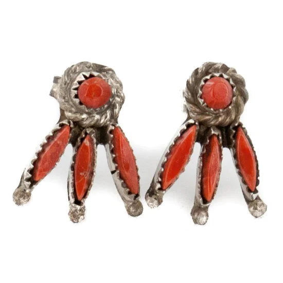 Handmade Certified Authentic Zuni .925 Sterling Silver Coral Stud Native American Earrings 27128 Handmade Certified Authentic Zuni .925 Sterling Silver Coral Stud Native American Earrings 27128