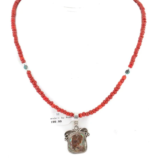 .925 Sterling Silver Handmade Certified Authentic Navajo Natural Turquoise Coral Native American Necklace 12816-16083 .925 Sterling Silver Handmade Certified Authentic Navajo Natural Turquoise Coral Native American Necklace 12816-16083