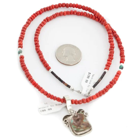 .925 Sterling Silver Handmade Certified Authentic Navajo Natural Turquoise Coral Native American Necklace 12816-16083 .925 Sterling Silver Handmade Certified Authentic Navajo Natural Turquoise Coral Native American Necklace 12816-16083