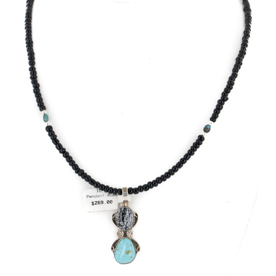 .925 Sterling Silver Handmade Certified Authentic Navajo Natural Turquoise Snowflake stone Black Onyx Native American Necklace 14124-19-16083-3 .925 Sterling Silver Handmade Certified Authentic Navajo Natural Turquoise Snowflake stone Black Onyx Native American Necklace 14124-19-16083-3