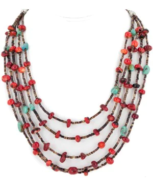 Certified Authentic 5 Strand Navajo .925 Sterling Silver Natural Turquoise Coral Native American Necklace 15775-1 Certified Authentic 5 Strand Navajo .925 Sterling Silver Natural Turquoise Coral Native American Necklace 15775-1