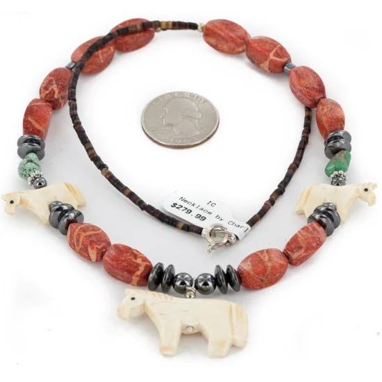 Horse Certified Authentic Navajo .925 Sterling Silver Natural Turquoise Coral Bone Hematite Native American Necklace 16038-2